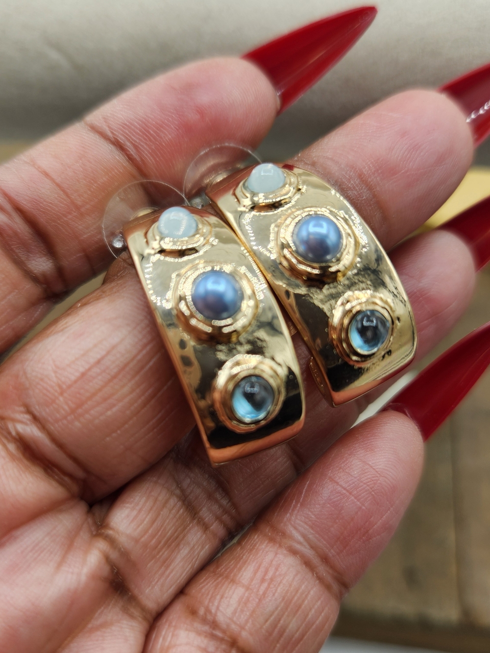 Gold-Tone Hoop Earrings with Shades Of Blue Gem Accents • Pierced